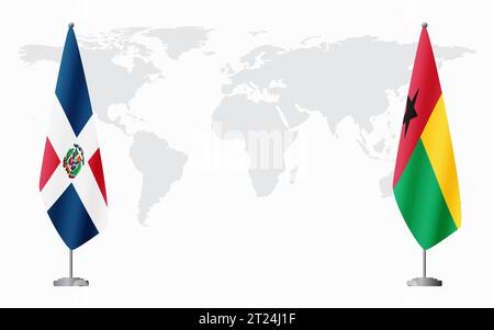 Repubblica Dominicana e Guinea Bissau bandiere per un incontro ufficiale sullo sfondo della mappa mondiale. Illustrazione Vettoriale