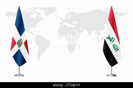 Repubblica Dominicana e Iraq bandiere per un incontro ufficiale sullo sfondo della mappa mondiale. Illustrazione Vettoriale