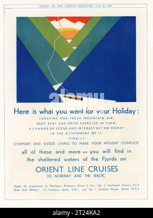 ORIENT LINE EFFETTUA CROCIERE IN NORVEGIA E NEL BALTICO 1930 British Magazine Advertisement Foto Stock