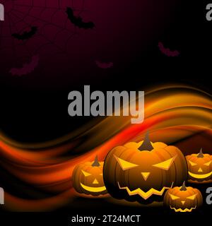 Zucche sorridenti di Halloween arancione e onde lisce su sfondo scuro. Design Vector Jack o Lantern Illustrazione Vettoriale