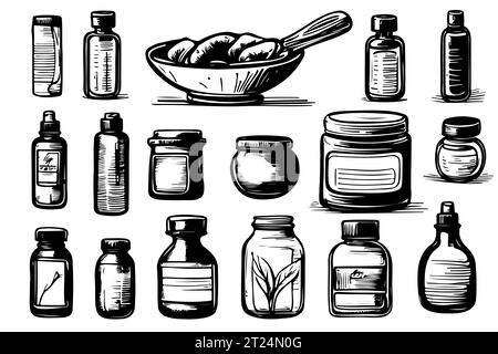 Set di template vettoriali vuoti: Flaconi con spruzzatore, dispenser e contagocce, vaso con panna, provetta. disegnato in uno schizzo manuale Illustrazione Vettoriale