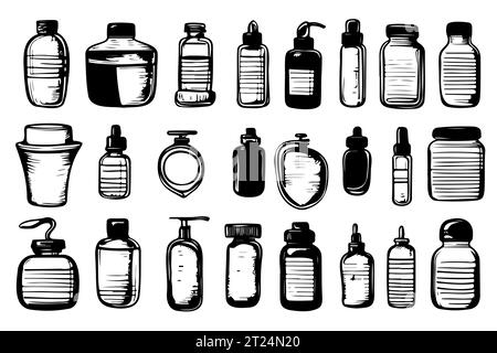 Raccolta vasetti disegnati a mano, bottiglie per farmacia, oli, sieri. Vetro cosmetico, illustrazione di lattine, disegno, incisione, inchiostro, vettore Illustrazione Vettoriale