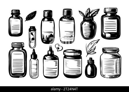 Set di bottiglie di oli essenziali di elementi isolanti per doodle vettoriali disegnati a mano per la progettazione. Fiala cosmetica, flacon, matraccio per olio ed erbe aromatiche Illustrazione Vettoriale