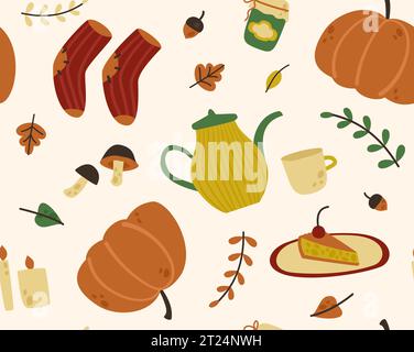 Motivo a oggetti autunnale senza cuciture: Zucca, calze di lana, calze di lana, un pezzo di torta, tè caldo, funghi e candele. Elementi di progettazione vettoriale. Illustrazione Illustrazione Vettoriale