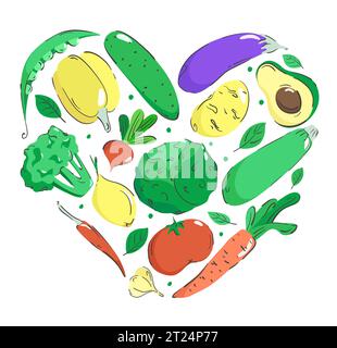 Verdure sane e luminose a forma di cuore. Composizione sul tema del vegetarianesimo con l'immagine di diverse verdure di stagione. Vettore i Illustrazione Vettoriale