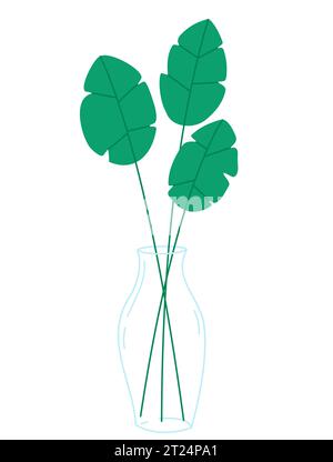 Tre foglie verdi in un vaso di vetro a collo stretto su sfondo bianco. Elementi di progettazione vettoriale. Illustrazione Vettoriale