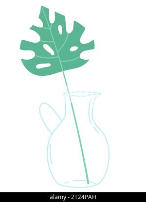 Ramoscello verde in un vaso di vetro alto e stretto su sfondo bianco. Elementi di progettazione vettoriale. Illustrazione Vettoriale