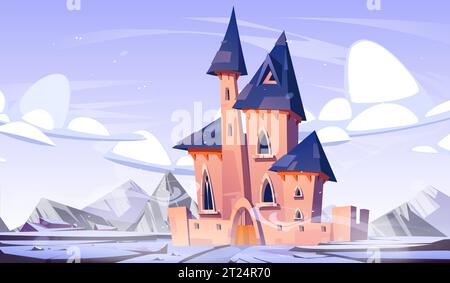 Castello di fantasia invernale nel regno con sfondo cartoni animati sulla neve. Un palazzo da favola magico e ghiacciato per l'illustrazione della principessa. Strada per la fortezza attraverso splendide montagne innevate e terreni rocciosi Illustrazione Vettoriale