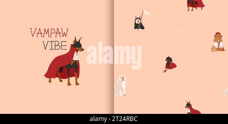 Motivo Halloween senza cuciture con cani in simpatici costumi di halloween. Ape, pirata, mummia e spaventapasseri. Biglietto d'auguri con il doberman pinscher nel vampiro Hal Illustrazione Vettoriale