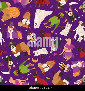 Motivo Halloween senza cuciture con cani in simpatici costumi di halloween. Trick o dolcetto. Felice illustrazione vettoriale di Halloween. Ideale per le cartoline di vacanza, decorato Illustrazione Vettoriale