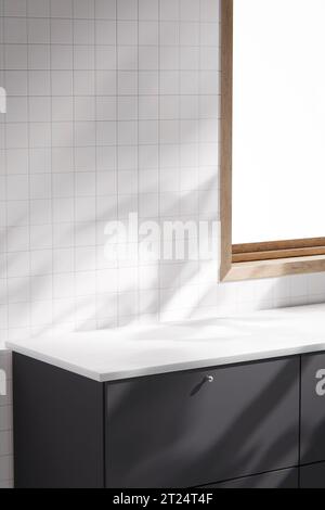 Cucina, bagno, piastrelle bianche, lavandino, finestra con luce solare in arrivo. rendering 3d. Foto Stock