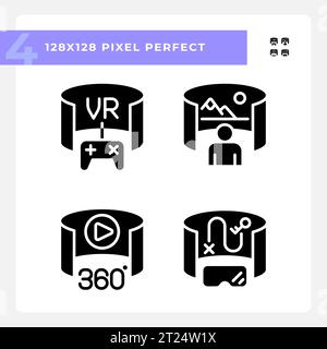 Set di icone VR, AR e MR in stile glifo pixel Perfect Illustrazione Vettoriale