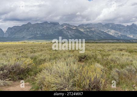 Vista della catena montuosa Teton Range vista dall'uscita Albright nel Grand Teton National Park Foto Stock