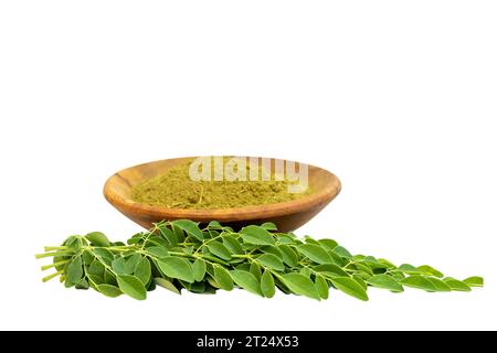 Moringa oleifera foglie fresche con moringa foglie secche in polvere isolate su fondo bianco Foto Stock