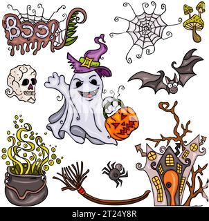 Set di cartoni animati disegnati a mano in stile doodle di Happy Halloween Foto Stock