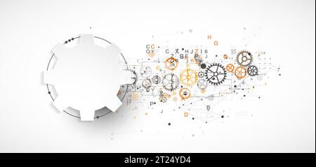 Sfondo tecnologico astratto con lettere, ruote dentate ed effetto plesso. Vettore Illustrazione Vettoriale