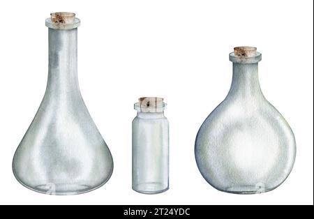 Set di vaso in vetro, vaso con tappo in legno, coperchio. Acquerello clipart disegnato a mano isolato su sfondo bianco. set di becher per uso biologico e medico Foto Stock