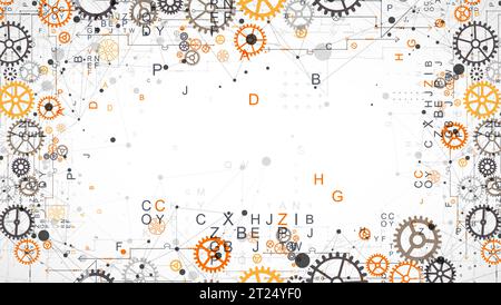 Sfondo tecnologico astratto con lettere, ruote dentate ed effetto plesso. Vettore Illustrazione Vettoriale