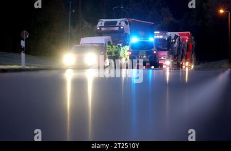 Reitzenhain, Germania. 17 ottobre 2023. Gli agenti di polizia federale controllano un camion vicino al confine tedesco-ceco. La decisione del ministro degli interni tedesco Faeser (SPD) di lunedì 16 ottobre 2023 aveva temporaneamente introdotto controlli alle frontiere interne. Faeser aveva annunciato di aver notificato alla Commissione europea i controlli stazionari per le frontiere con Polonia, Repubblica ceca e Svizzera. Credito: Sebastian Willnow/dpa - ATTENZIONE:parti delle immagini sono state pixellate per motivi legali/dpa/Alamy Live News Foto Stock