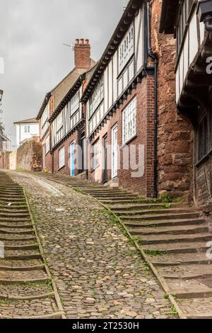 Stretta strada acciottolata nella parte vecchia di Exeter, Devon, Regno Unito Foto Stock