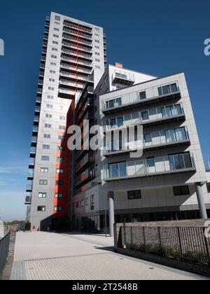 Mast Quay Phase II a 23 piani, sviluppo di lusso di appartamenti, Woolwich Church Street London, costruito da Comer Homes, i blocchi a torre Mast Quay sono uno sviluppo da costruire a noleggio e sono sotto minaccia di demolizione da parte del Royal Borough di Greenwich Foto Stock