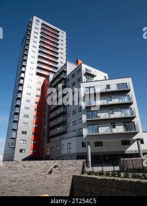 Mast Quay Phase II a 23 piani, sviluppo di lusso di appartamenti, Woolwich Church Street London, costruito da Comer Homes, i blocchi a torre Mast Quay sono uno sviluppo da costruire a noleggio e sono sotto minaccia di demolizione da parte del Royal Borough di Greenwich Foto Stock