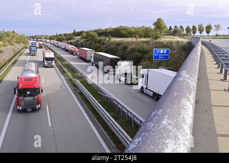 Breitenau, Germania. 17 ottobre 2023. Una colonna di autocarri sull'autostrada A17 al valico di frontiera Breitenau-Krasny Les nel distretto sassone Svizzera-Osterzgebirge vicino Dresda, che si è formata in direzione della Germania, dove i controlli per i migranti sono iniziati il giorno precedente, il 17 ottobre 2023. Crediti: Ondrej Hajek/CTK Photo/Alamy Live News Foto Stock