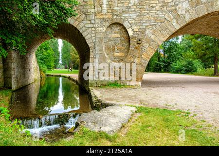 llm River e Stern Bridge, Park on the ILM a Weimar, Turingia, Germania. Foto Stock