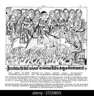 Enrico Conte di Lussemburgo riceve il messaggio della morte dell'imperatore e della sua elezione al trono come Enrico VII Sacro Romano Imperatore, dal Codex Balduineus, XIII secolo Foto Stock