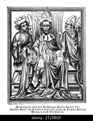 Miniatura dalla bolla d'oro del 1356 emessa da Carlo IV imperatore del Sacro Romano Impero, l'imperatore sul trono con il figlio Venceslao, re di Boemia e Germania e vescovi Foto Stock