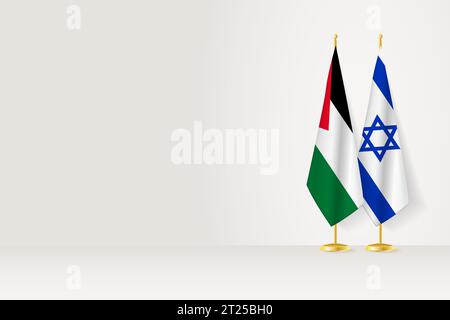 Bandiere della Palestina e di Israele sul banco delle bandiere, incontro tra due paesi. Modello vettoriale. Illustrazione Vettoriale