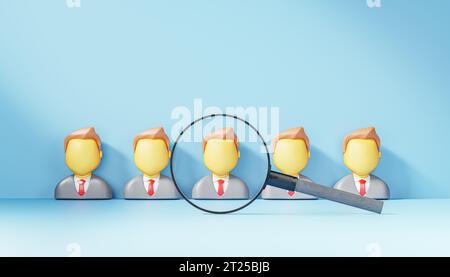 lente d'ingrandimento focalizzata sulla persona. sto cercando un dipendente. Concetto di risorse umane, mercato di destinazione e pubblico, focus Group. copia spazio. rendering 3d. Foto Stock