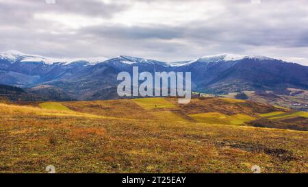 paesaggio di campagna con campi rurali sulle colline. vette innevate delle montagne dei carpazi in lontananza. scenario cupo di cresta borzhava con Foto Stock