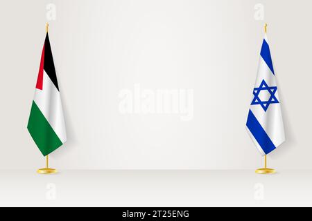 Bandiera della Palestina e di Israele su palo interno, concetto di incontro tra Israele e Palestina. Illustrazione vettoriale. Illustrazione Vettoriale