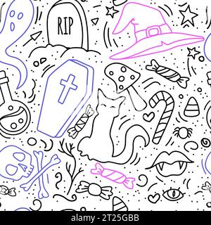 Modello Halloween senza cuciture. gatto, cappello da strega, fantasma, labbra di vampiro, tomba, scull. Oggetti occulti per festeggiare l'autunno. Illustrazione Vettoriale
