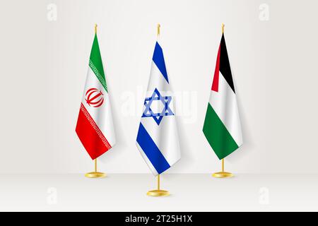 Concetto di incontro tra Israele, Iran e Palestina. Bandiere su un supporto per bandiere. Illustrazione Vettoriale