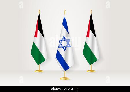 Concetto di incontro tra Israele e Palestina. Bandiere su un supporto per bandiere. Illustrazione Vettoriale