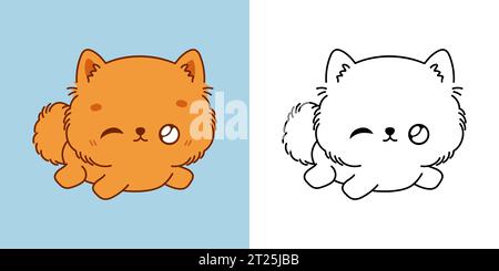 Impostare Vector Pomeranian Dog multicolore e bianco e nero. Kawaii Clip Art Dog Illustrazione Vettoriale