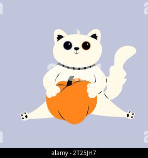 Un simpatico gatto bianco si siede e abbraccia una zucca di Halloween Illustrazione Vettoriale
