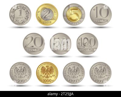 Moneta polacca inversa e inversa uno, due, cinque, dieci, venti, cinquanta centocento zloty monete d'oro e d'argento. Illustrazione vettoriale. Illustrazione Vettoriale