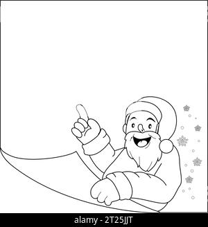 Babbo Natale con in mano una pagina bianca. Pagina vettoriale di colorazione in bianco e nero. Illustrazione Vettoriale