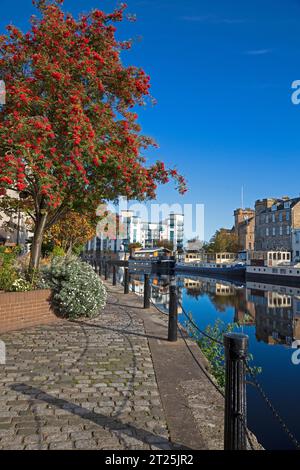 The Shore, con la passerella Water of Leith sulla sinistra, Leith, Edimburgo, Scozia, Regno Unito. 17 ottobre 2023. Sole su Leith con acque calme che riflettono le navi ormeggiate e case residenziali sullo sfondo. Foto Stock