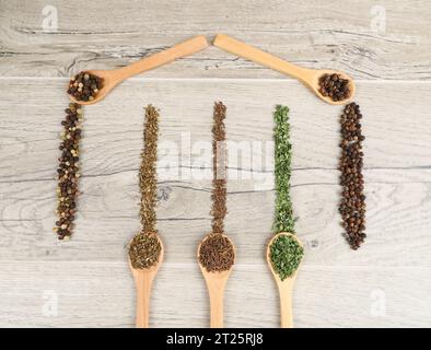 set di varie spezie in cucchiai di legno su sfondo chiaro Foto Stock