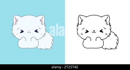 Kawaii Persian Kitty Clipart multicolore e bianco e nero. Carino Kawaii Cat. Illustrazione Vettoriale