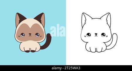 Kawaii Siamese Kitten Clipart multicolore e bianco e nero. Carino Kawaii Cat. Illustrazione Vettoriale