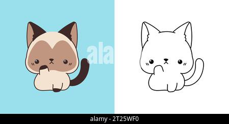 Clipart IsolatedSiamese Cat multicolore e bianco e nero. Carino Cartoon Cat. Illustrazione Vettoriale