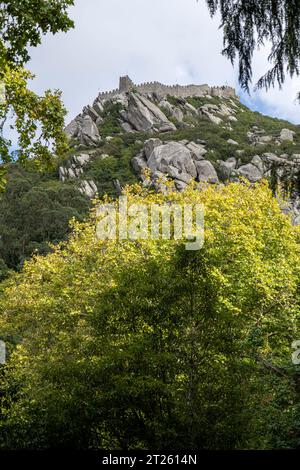 Affacciato sul Castello dei Mori, Sintra, Portogallo Sintra è una città e un comune nella regione della grande Lisbona del Portogallo, Un importante turista de Foto Stock