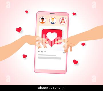 Mani che si mettono in contatto, creazione del concetto di social media Adam - San Valentino. Smartphone con interfaccia social network, icone utente e mani Illustrazione Vettoriale