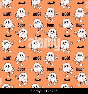 Motivo vettoriale senza cuciture di fantasmi di cartoni animati dal gusto rétro e caratteri boo di Halloween isolati su sfondo arancione Illustrazione Vettoriale
