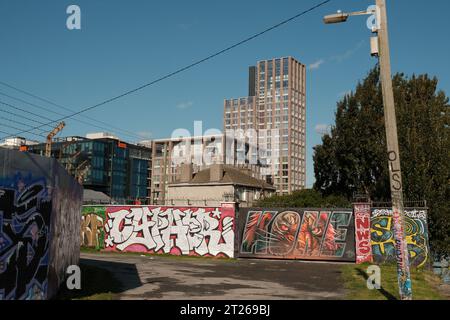 DUBLINO, IRLANDA, 12 10 2023: South Dock Road Street Art at Grand Canal Docklands Foto Stock